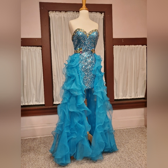 Turquoise Ruffly Hi-Lo Gown - Picture 1 of 5